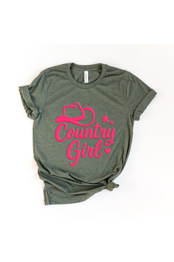 Country Girl Hat Puff Print  - Womens Short Sleeve Graphic T-Shirt
