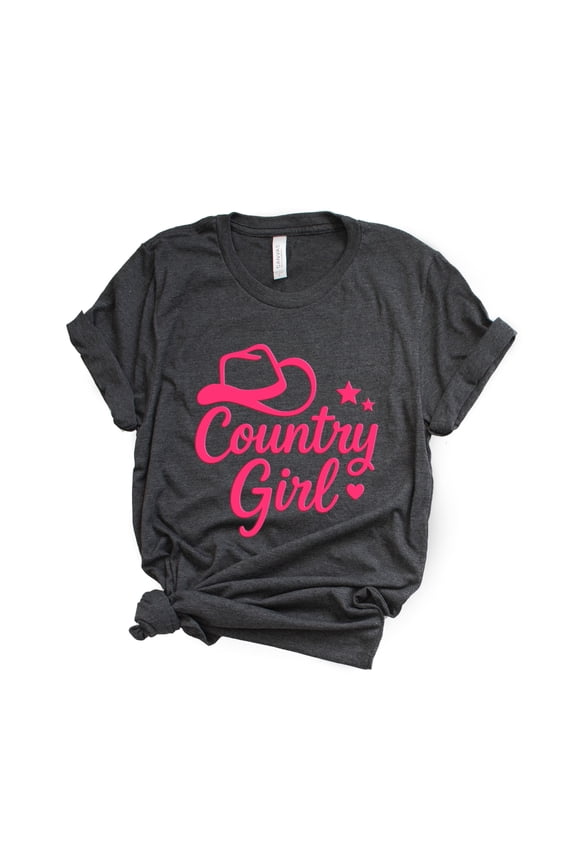 Country Girl Hat Puff Print - Womens Short Sleeve Graphic T-Shirt