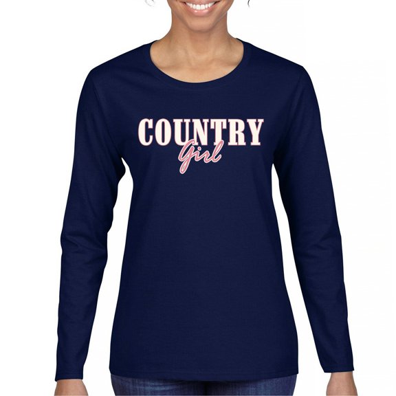 Country Girl Logo Women's Long Sleeve T-shirt Western Rodeo Style Southern Pride Cowgirl Rustic Feminine Farm Life Ranch