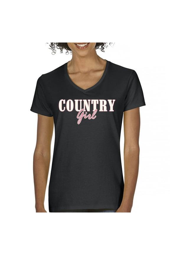 Country Girl Logo Women's V-Neck T-shirt Western Rodeo Style Southern Pride Cowgirl Rustic Feminine Farm Life Ranch Tee