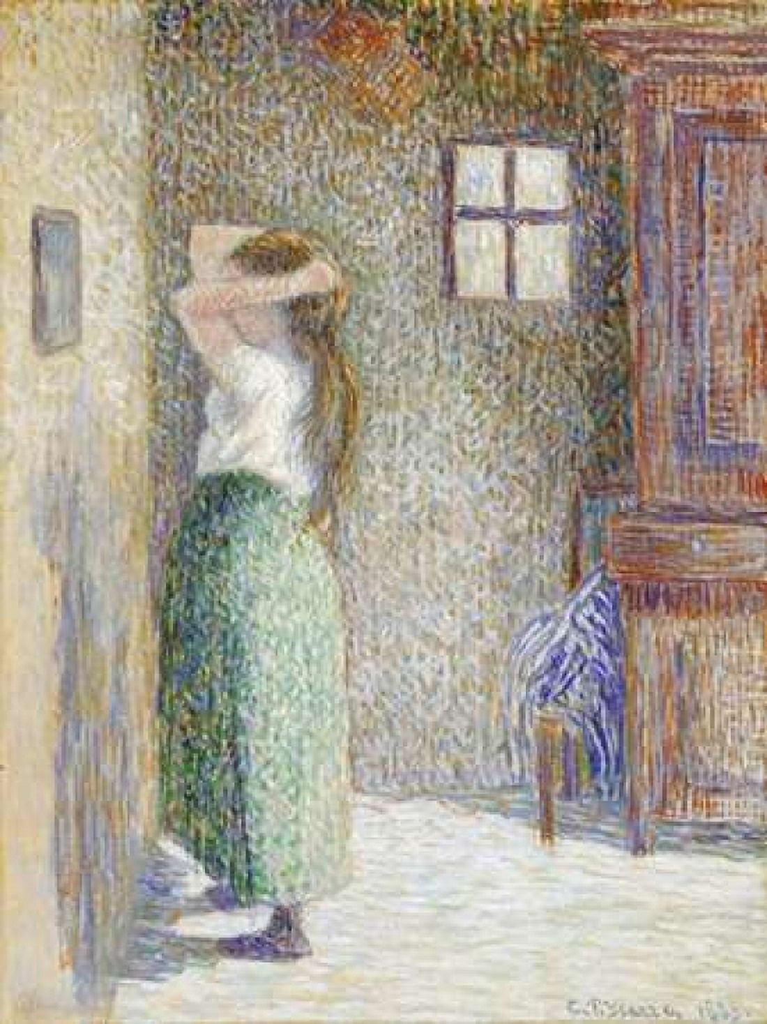 Country Girl at Her Toilet Canvas Art - Camille Pissarro (18 x 24)