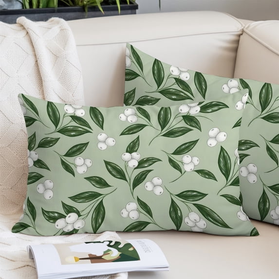 Country Green Leaves Queen Size Pillow Cover, Pillowcase Protectors with Zipper, Breathable Decorative Throw Pillow Case Cover, White Berries Farmhouse Botanical Pillow Shams for Couch Sofa 20x30Inch
