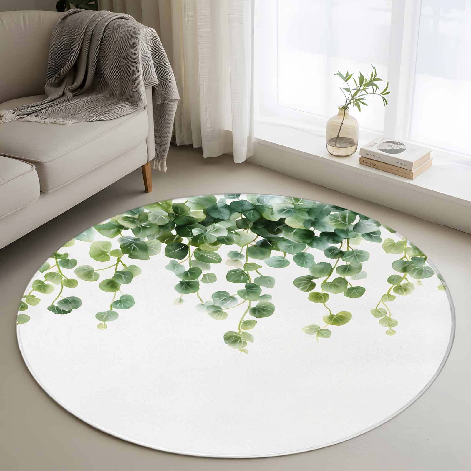 Country Green Leaves Round Rug 4ft Washable Circle Entryway Rugs Non ...