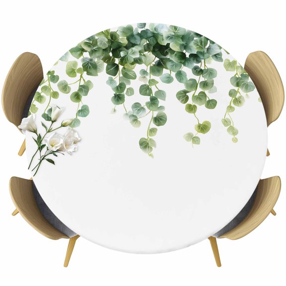 Country Green Leaves Round Tablecloth 45-54 Inch Round Fitted Table Cloth with Elastic Edge, Country Pastoral Vines Plants Waterproof Table Cover Protector for Outdoor Picnic Party Dining