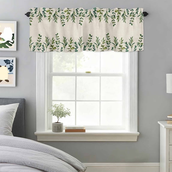 Country Green Leaves Watercolor Valances for Windows,Rod Pocket Valance for Kitchen Bedroom Bathroom Living Room, Foliage Botanical Retro Linen Window Valance Curtain Farmhouse Short Curtains 42x18in