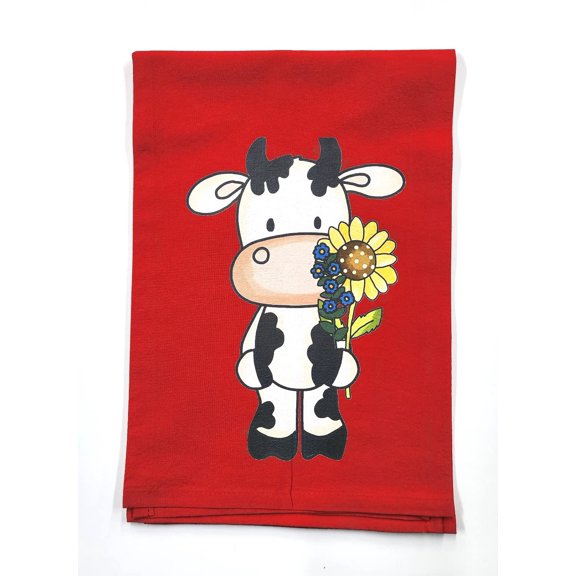 Country Guernsey Cow 1 on Red - Tea Towel - Flour Sack Towel - 100% Cotton - 9" x 13.5" - Kitchen- Baking - Camper - Gift - White Toner Digital Graphics - OKT026