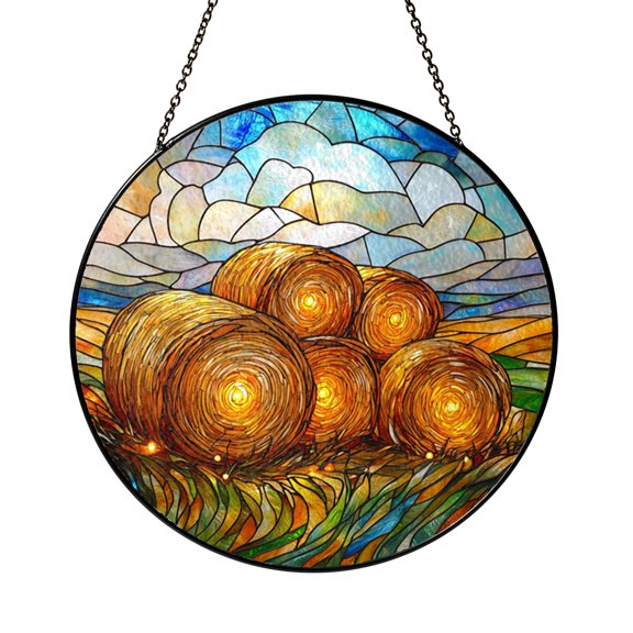 Country Hay Bale Stained Glass Window Suncatcher, Thanksgiving Home Decor