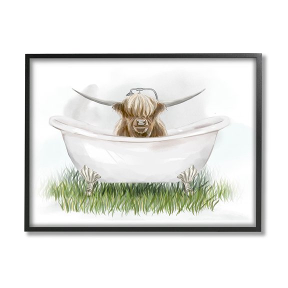Country Highland Cattle Bathtub Animals & Insects Graphic Art Black Framed Art Print Wall Art