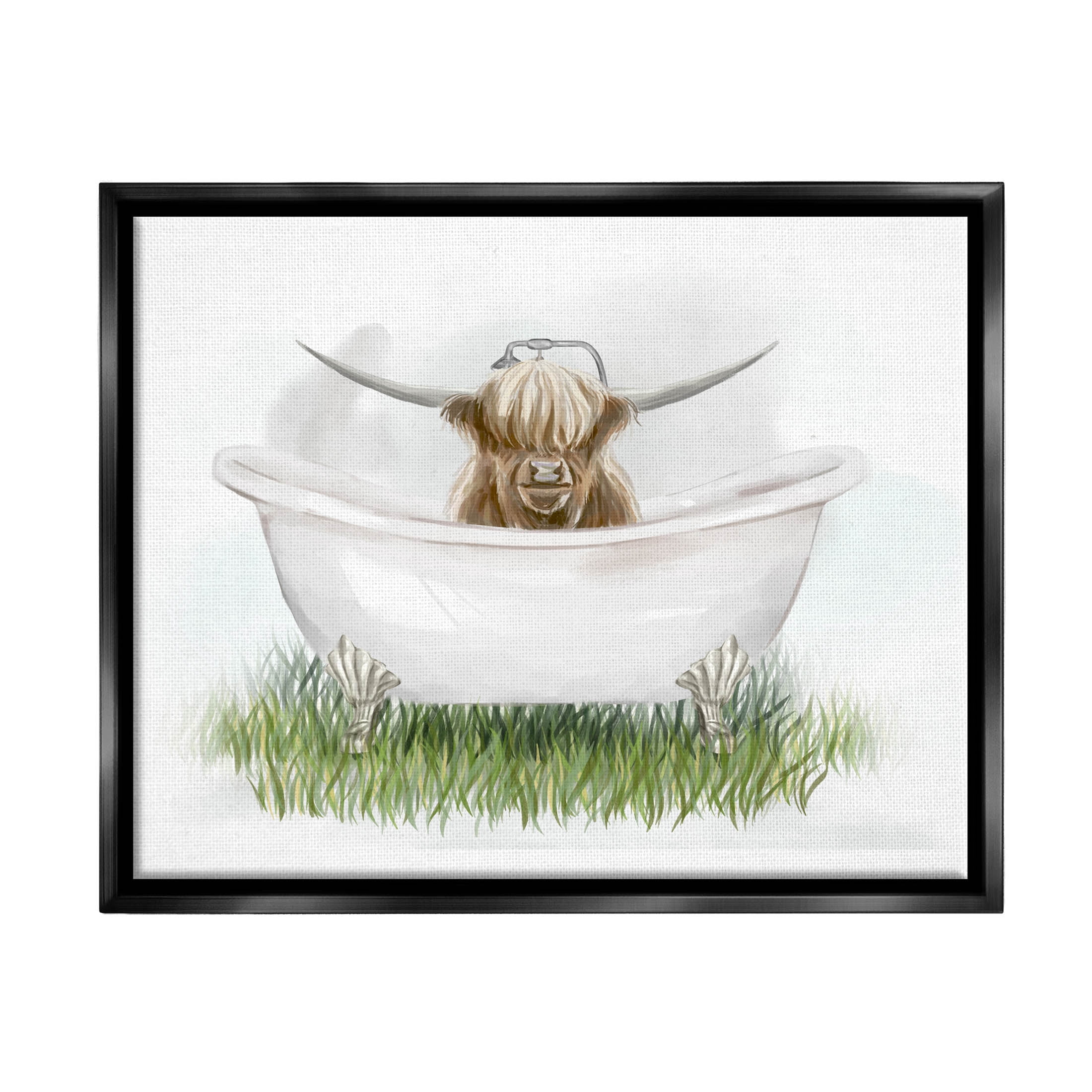 Country Highland Cattle Bathtub Animals & Insects Graphic Art Jet Black Framed Art Print Wall Art
