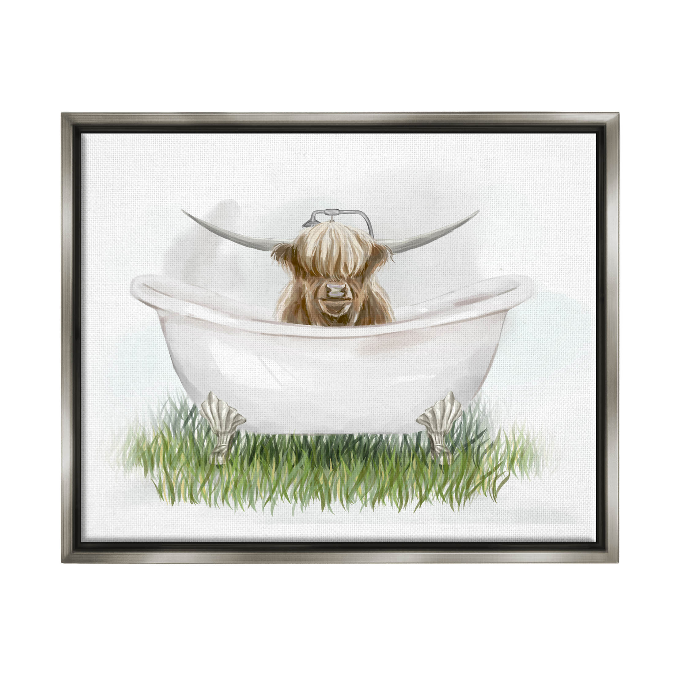 Country Highland Cattle Bathtub Animals & Insects Graphic Art Luster Gray Framed Art Print Wall Art