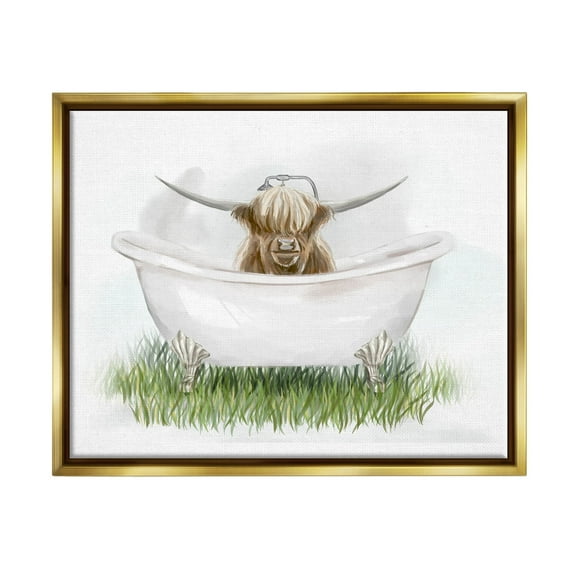 Country Highland Cattle Bathtub Animals & Insects Graphic Art Metallic Gold Framed Art Print Wall Art