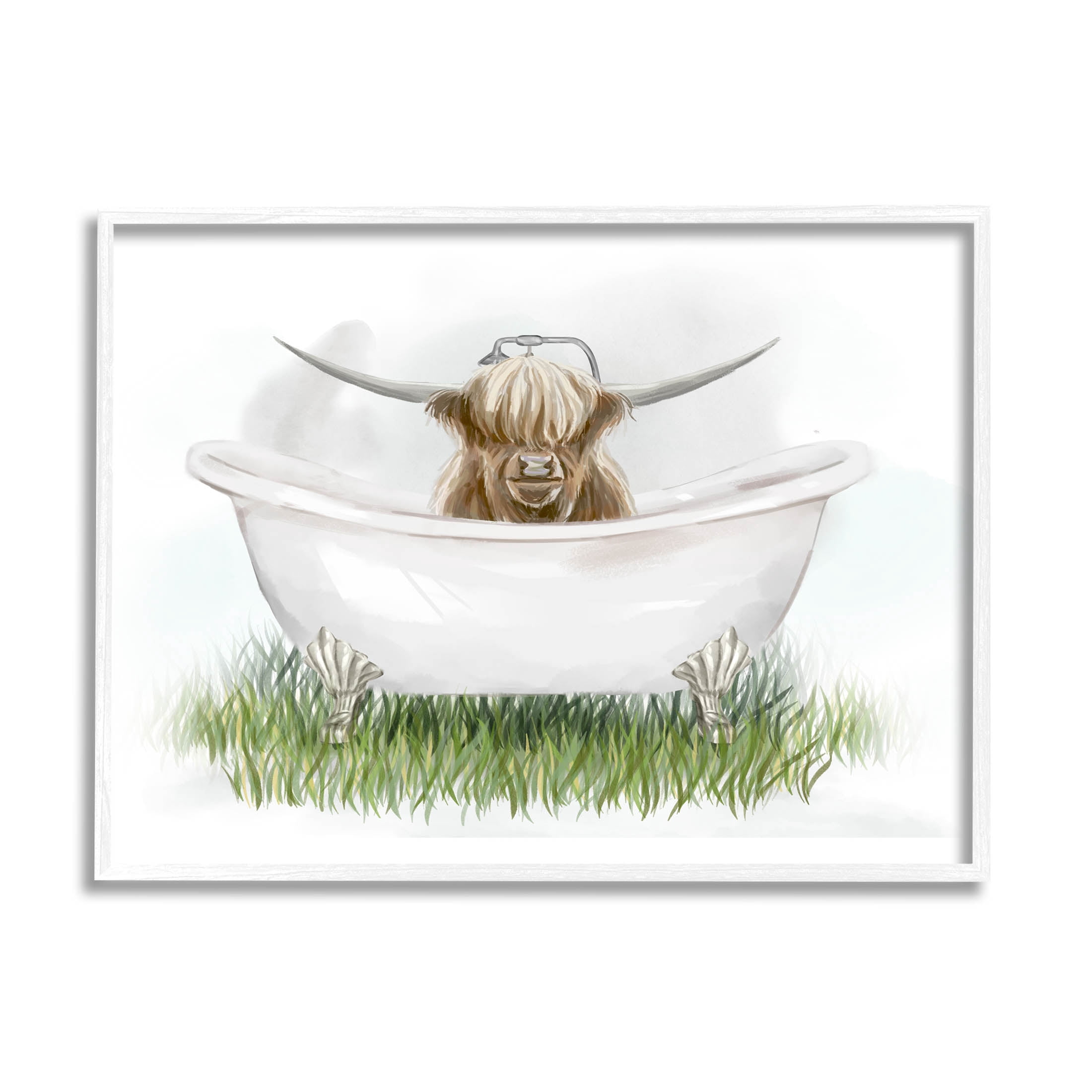 Country Highland Cattle Bathtub Animals & Insects Graphic Art White Framed Art Print Wall Art