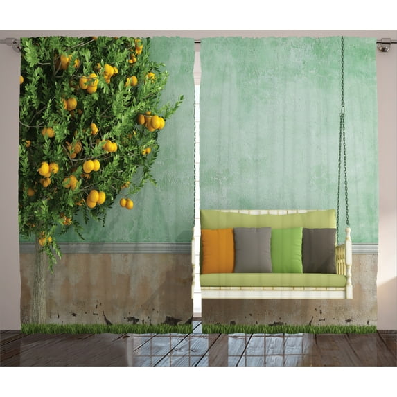 Ambesonne Vintage Curtains 2 Panel Set, Wooden Swing in Garden, 108" x 84", Yellow Green