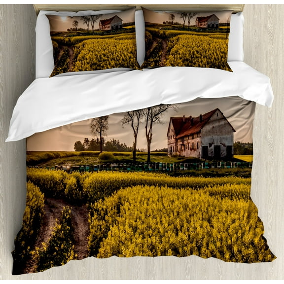 Country Home Duvet Cover Set King Size, Old Abandoned Rural House Floral Meadow Idyllic Village Pastoral Landscape, Decorative 3 Piece Bedding Set with 2 Pillow Shams, Multicolor, by Ambesonne