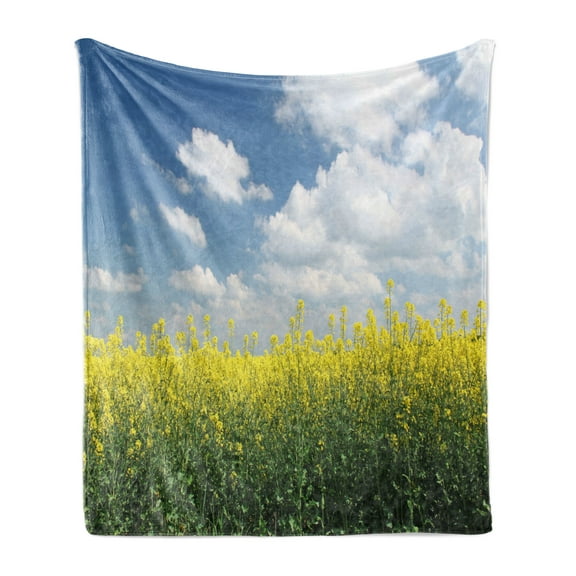 Country Home Soft Flannel Fleece Throw Blanket, Blooming Rape Field and Clear Sky Clouds Saxony Germany Rustic Eco, Cozy Plush for Indoor and Outdoor Use, 60" x 80", Yellow Green Blue, by Ambesonne