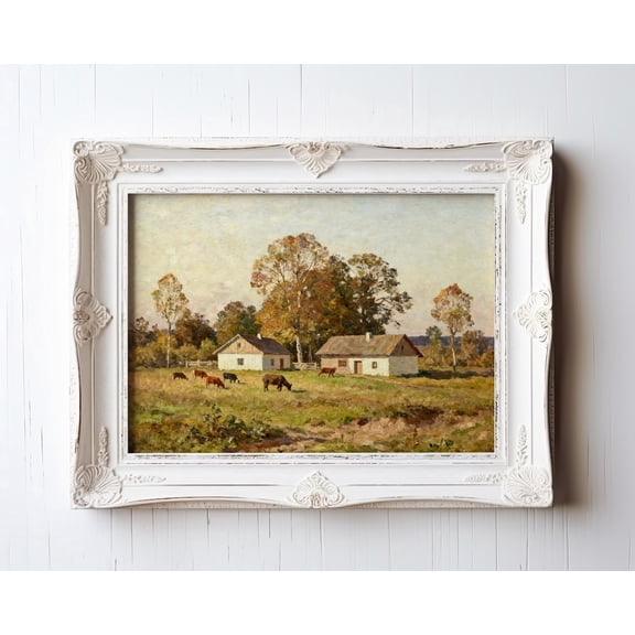 Country Homestead Art Vintage Pastoral Scene Rustic Farmhouse Wall Decor With Cows And Trees, Unframed Paper Print