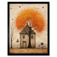 thumbnail image 1 of Country House Autumn Tree Oil Painting Orange Brown Bicycle on Fence Rural Life Art Print Framed Poster Wall Decor 12x16 inch, 1 of 5