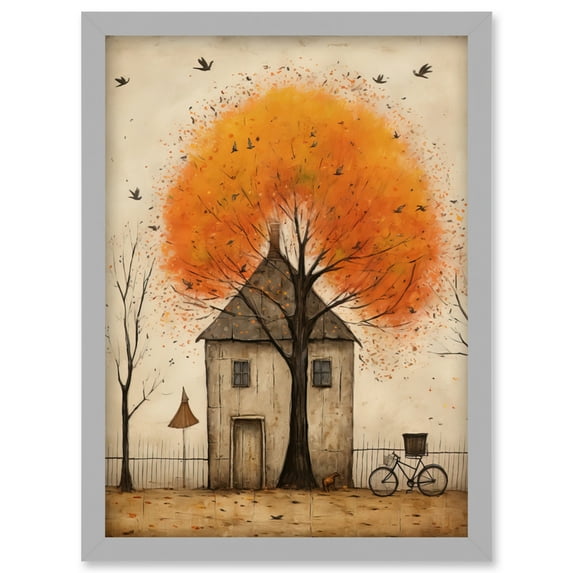 Country House Autumn Tree Oil Painting Orange Brown Bicycle on Fence Rural Life Artwork Framed Wall Art Print A4