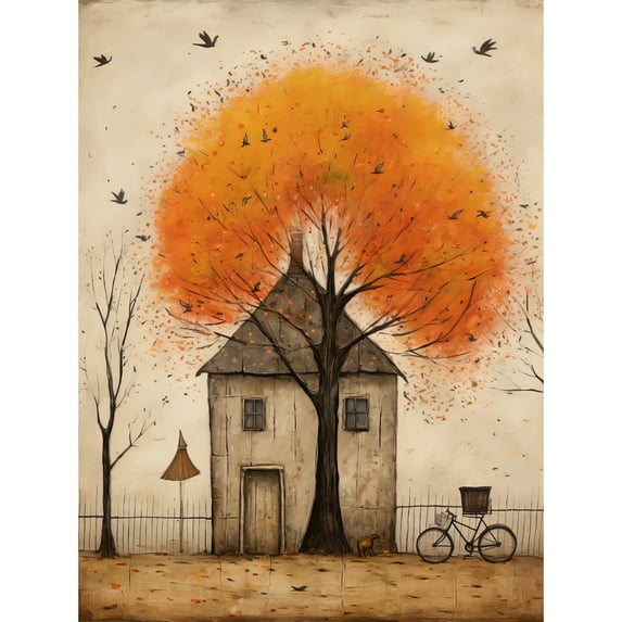Country House Autumn Tree Oil Painting Orange Brown Bicycle on Fence Rural Life Unframed Wall Art Print Poster Home Decor Premium