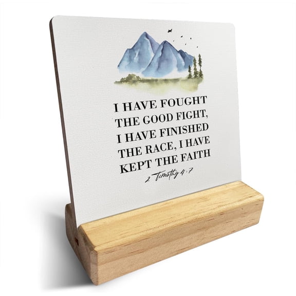 Country I Have Fought the Good Fight Bible Verse Wooden Plaque Sign Desk Decor Rustic Watercolor 2 Timothy 4:7 Christian Desk Sign Decor for Home Office