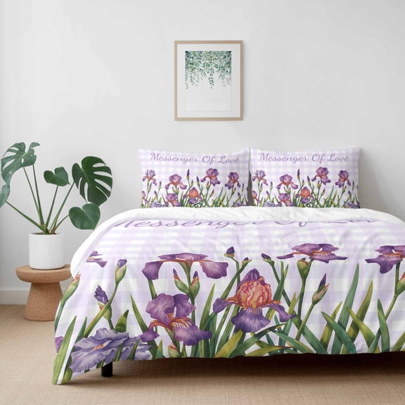 Country Iris Flowers California King Size Bed Set,Love Floral Purple White Plaid Bedding for All Seasons,4 Pcs Bed Set with 1 Quiltcover (96"x104"),1 Sheet (110"x98"),2 Pillowcases (20"x36")
