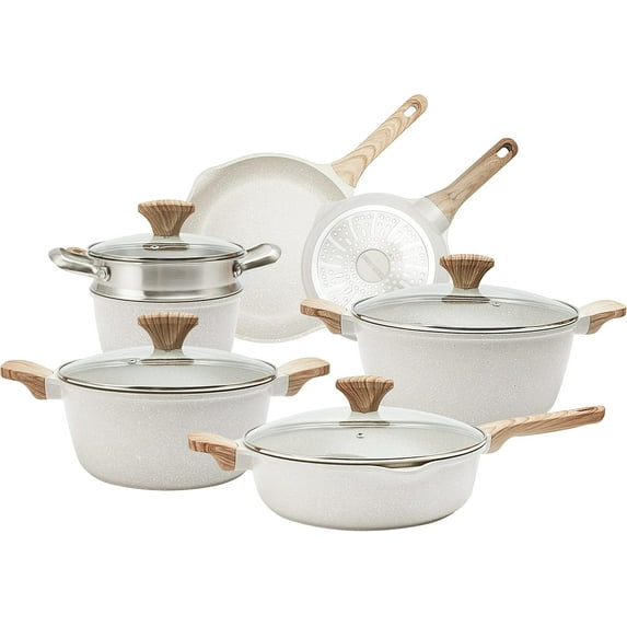 Country Kitchen 11-Piece Pots and Pans Set, Durable Kitchen Cookware Set, Cream