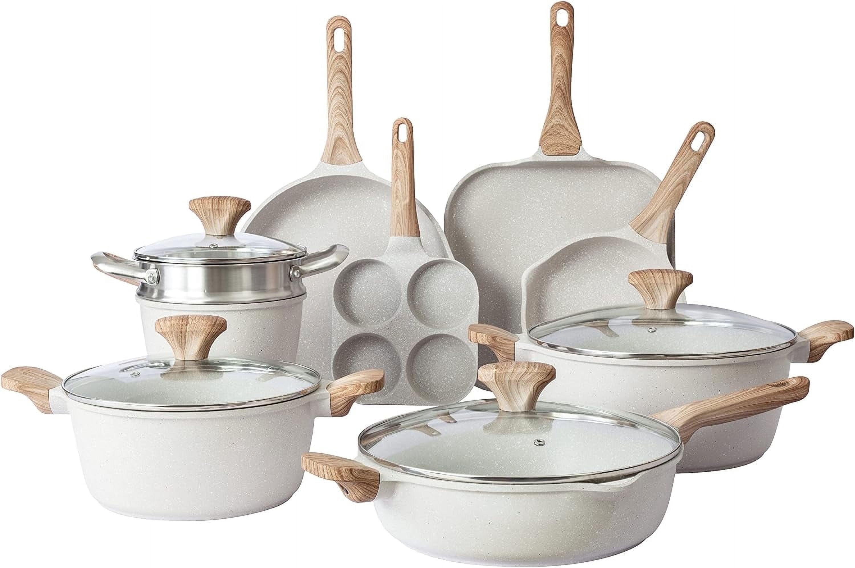 Country Kitchen 13-Pc Cast Aluminum Pots and Pans Set Non Stick Cookware Set, Cream