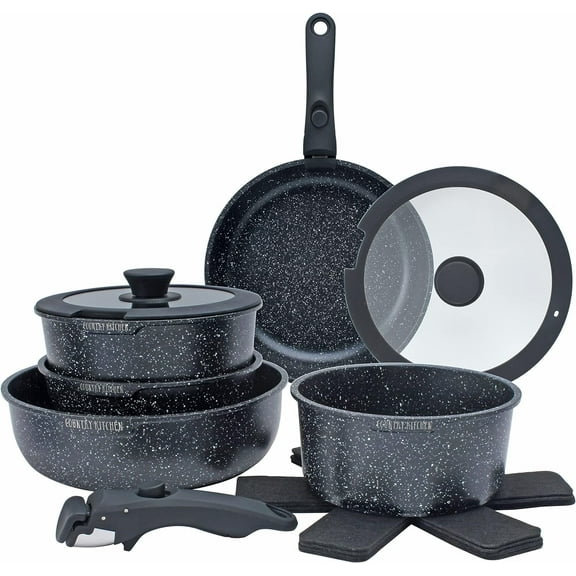 Country Kitchen Pots and Pans Set 13-Piece, Nonstick Cookware Set with Removable Handles, Speckled Black