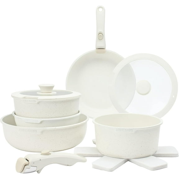 Country Kitchen 13-Pc Pots and Pans Set with Removable Handles Nonstick Cookware Set, Cream
