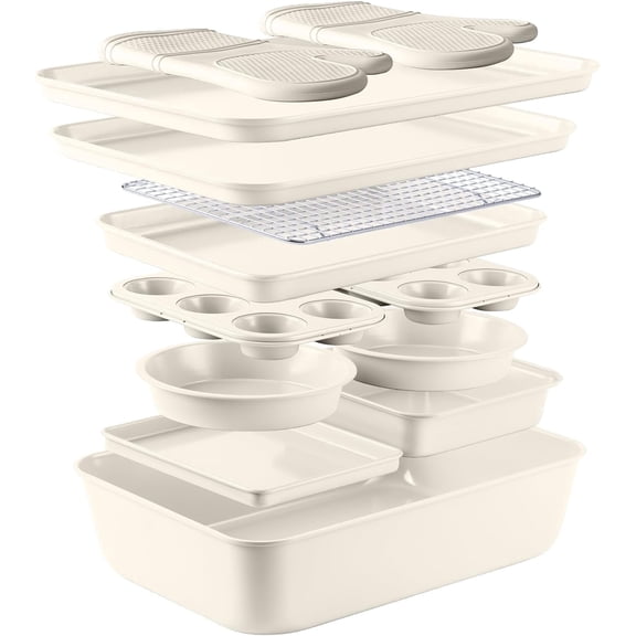 Country Kitchen Baking Set, 13-Piece Nonstick Stackable Design, Cream