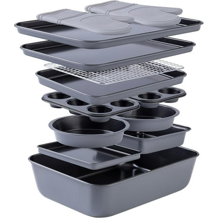 Country Kitchen Nonstick Cookware and Bakeware Set with Stackable Design, Gray, 13-Piece