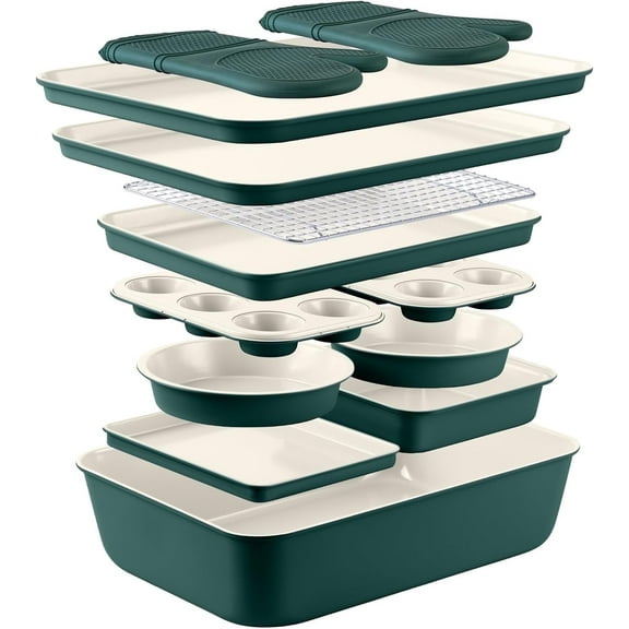 Country Kitchen Nonstick Cookware and Bakeware Set with Stackable Design, Sage, 13-Piece