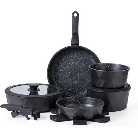 Country Kitchen 13 Piece Pots and Pans Set - Safe Nonstick Kitchen Cookware with Removable Handle, RV Cookware Set, Oven Safe (Black Diamond)