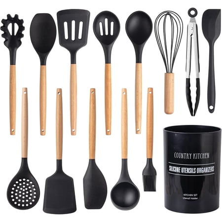 Country Kitchen 14-Pc Cooking Utensils Set Silicone Spatula & Kitchen Gadgets, Black