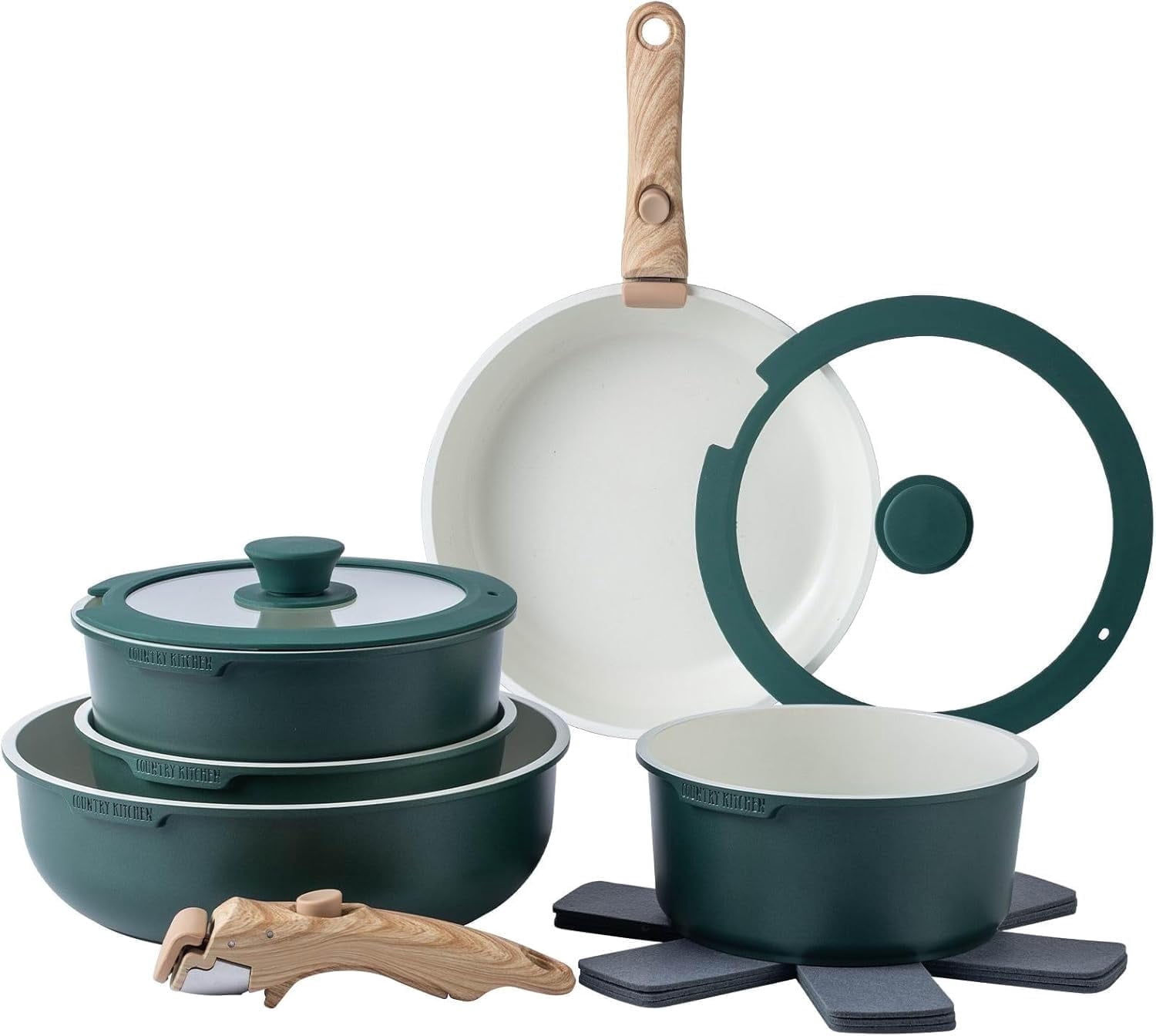 Country Kitchen Pots and Pans Set 16-Piece, Nonstick Cookware Set with Removable Handles, Sage