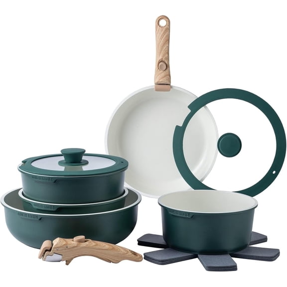 Country Kitchen Pots and Pans Set 16-Piece, Nonstick Cookware Set with Removable Handles, Sage
