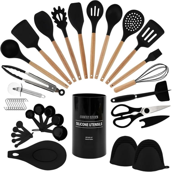 Country Kitchen 38-Pc Cooking Utensils Set Silicone Spatula & Kitchen Gadgets, Black