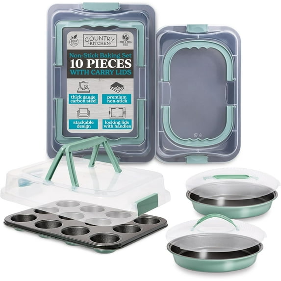 Country Kitchen Baking Pans Set - 10 Piece Non-Stick Cake Pans with Carry Lids for Easy Storage & Travel, Perfect for Parties - Stackable, Sage