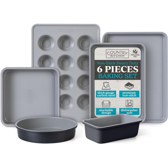Country Kitchen 6-Piece Baking Pans Set with Non-Stick Textured Silicone Coating, Black