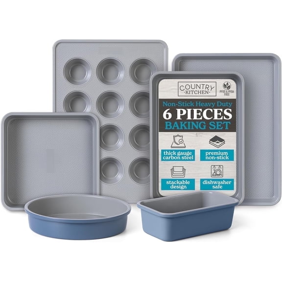 Country Kitchen Heavy Duty Baking Pans Bakeware Set with Textured Silicone Coating, Navy, 6-Piece