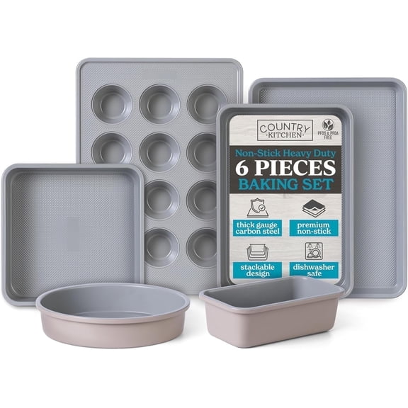 Country Kitchen Heavy Duty Baking Pans Bakeware Set with Textured Silicone Coating, Taupe, 6-Piece