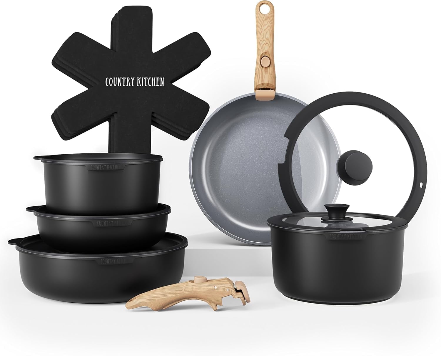Country Kitchen Pots and Pans Cookware Set, 16-Piece, Ceramic Coated, Removable Handle, Black/Grey