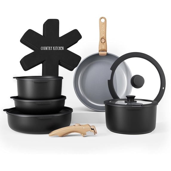 Country Kitchen Pots and Pans Cookware Set, 16-Piece, Ceramic Coated, Removable Handle, Black/Grey