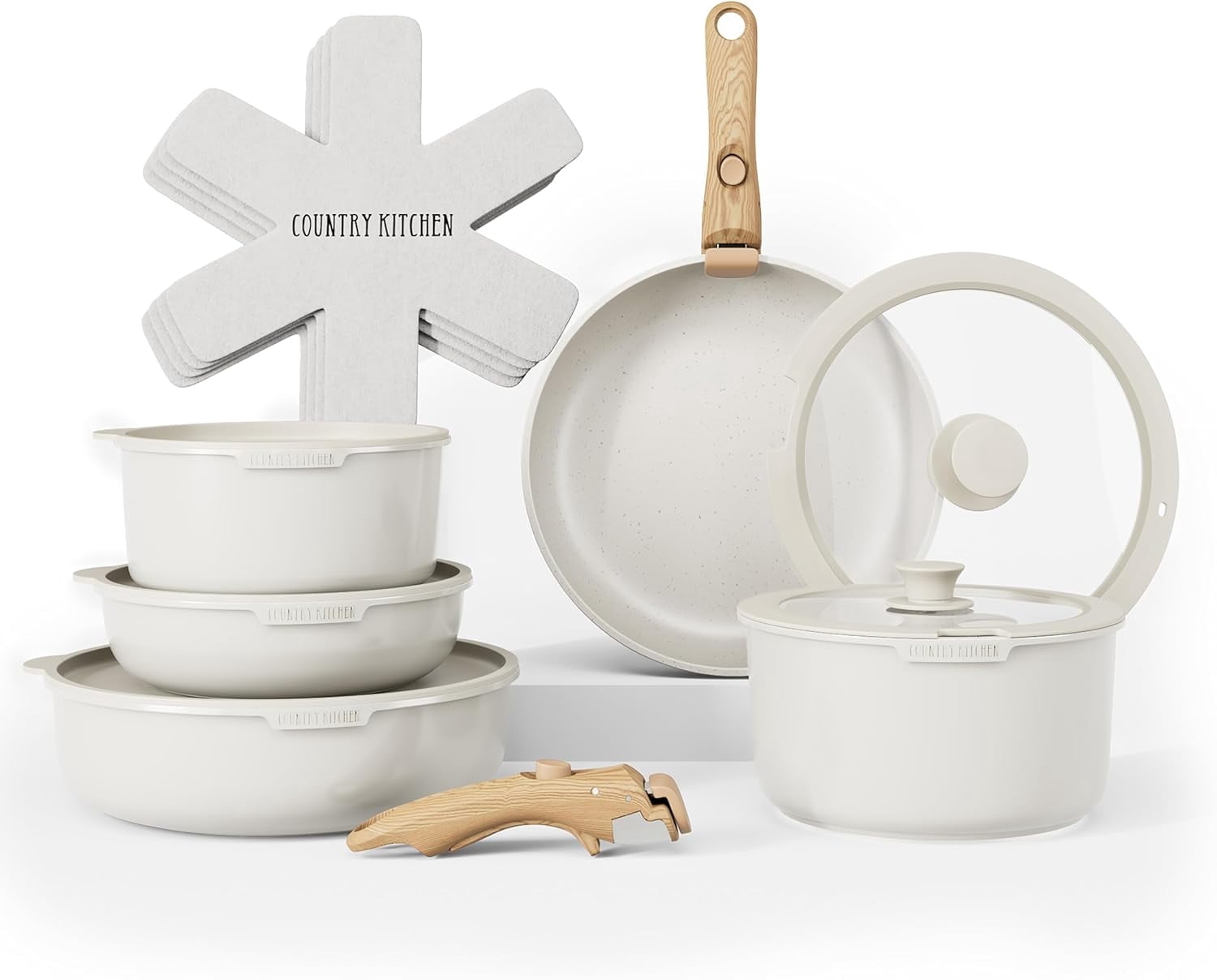 Country Kitchen Pots and Pans Cookware Set, 16-Piece, Ceramic Coated, Removable Handle, Cream