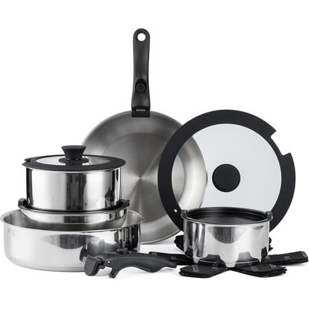 Country Kitchen Pots and Pans Cookware Set, 16-Piece Stainless Steel with Removable Handle, Silver