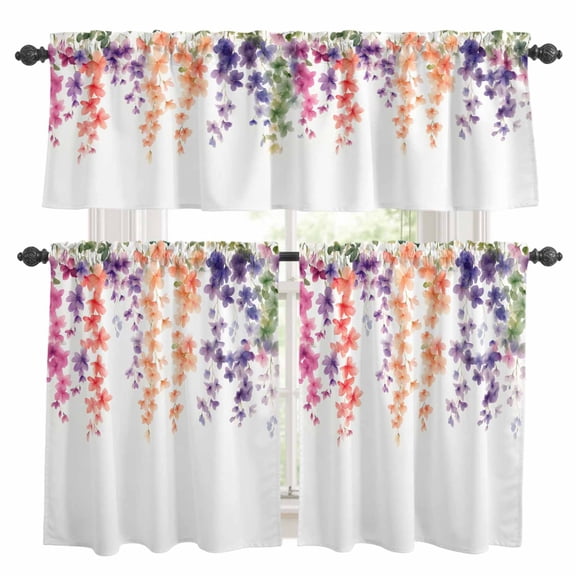 Country Kitchen Curtains Valances and Tiers Set of 3 Pastoral Watercolor Wildflowers Tier Curtains and Valance with Rod Pocket for Small Windows, 27.5"x24"