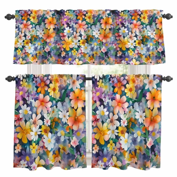 Country Kitchen Curtains Valances and Tiers Set of 3 Watercolor Pastoral Wild Flowers Tier Curtains and Valance with Rod Pocket for Small Windows, 27.5"x24"