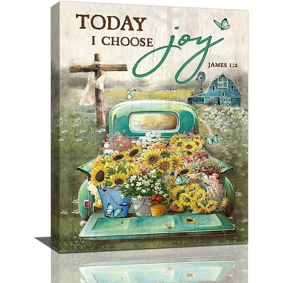 Country Kitchen Decor Wall Art Farmhouse Rustic Christian Truck Barn Sunflower Butterfly Pictures Wall Decor Canvas Print For Home Bathroom Kitchen Bedroom Living Room Framed 12"x16"