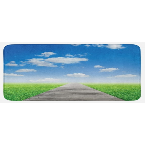 Country Kitchen Mat, Pathway Towards Meadow Rural Countryside Miracle Supernatural Sky with Clouds, Plush Decorative Kitchen Mat with Non Slip Backing, 47" X 19", Blue Green Brown, by Ambesonne
