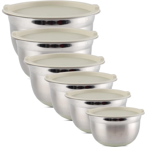 Country Kitchen Mixing Bowls with Airtight Lids - 12 piece Stainless Steel Metal Nesting Storage Bowls, Non-Slip Bottoms (Khaki)